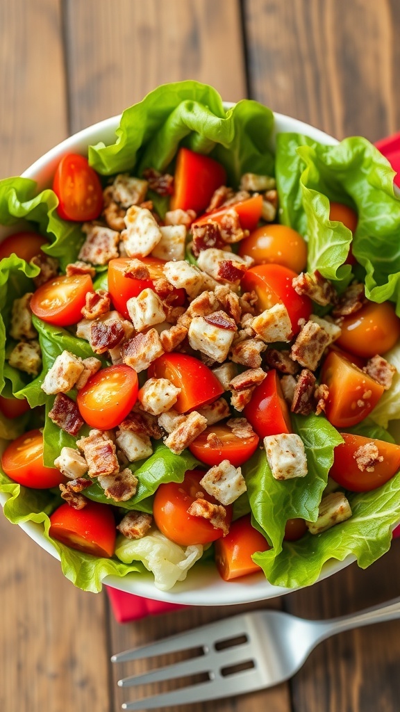 A colorful bacon lettuce tomato salad with lettuce, tomatoes, and bacon on a wooden table.